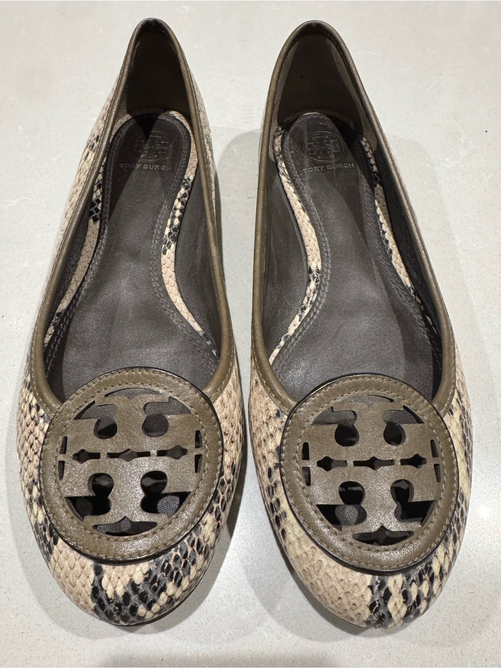 Tory Burch Neutral Snake-Print Logo Ballet Flats